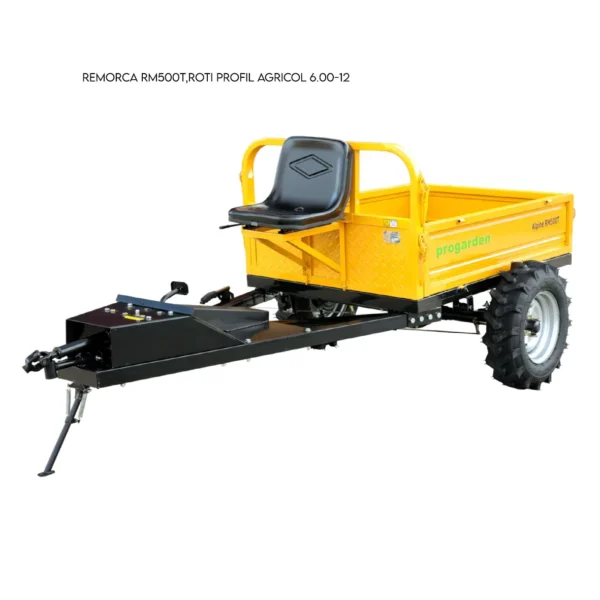 Remorca ProGARDEN Alpine RM500T cu tractiune G2, 500kg, 1 osie, prindere bolt pentru motocultor, roti profil agricol 6.00-12, 4 prezoane