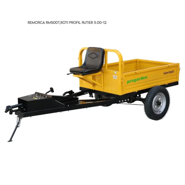 Remorca ProGARDEN Alpine RM500T cu tractiune G2 500kg 1 osie prindere bolt pentru motocultor, roti profil rutier 5.00-12, 4 prezoane, RIM 3.50B