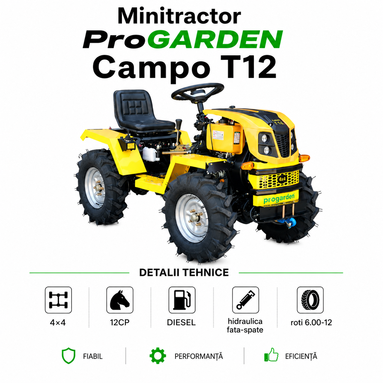 Minitractor ProGARDEN Campo T12, V25.1,4X4,12 CP,DIESEL hidraulica fata-spate