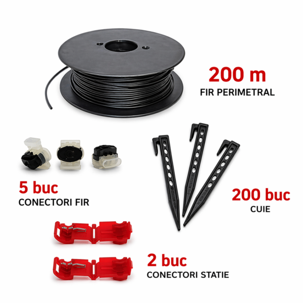 kit instalare robot gazon, kit Honda Miimo, fir perimetral 200m, cablu robot gazon, cuie robot gazon, conectori robot gazon, kit complet robot, instalare robot gazon, accesorii robot gazon, kit cablu robot